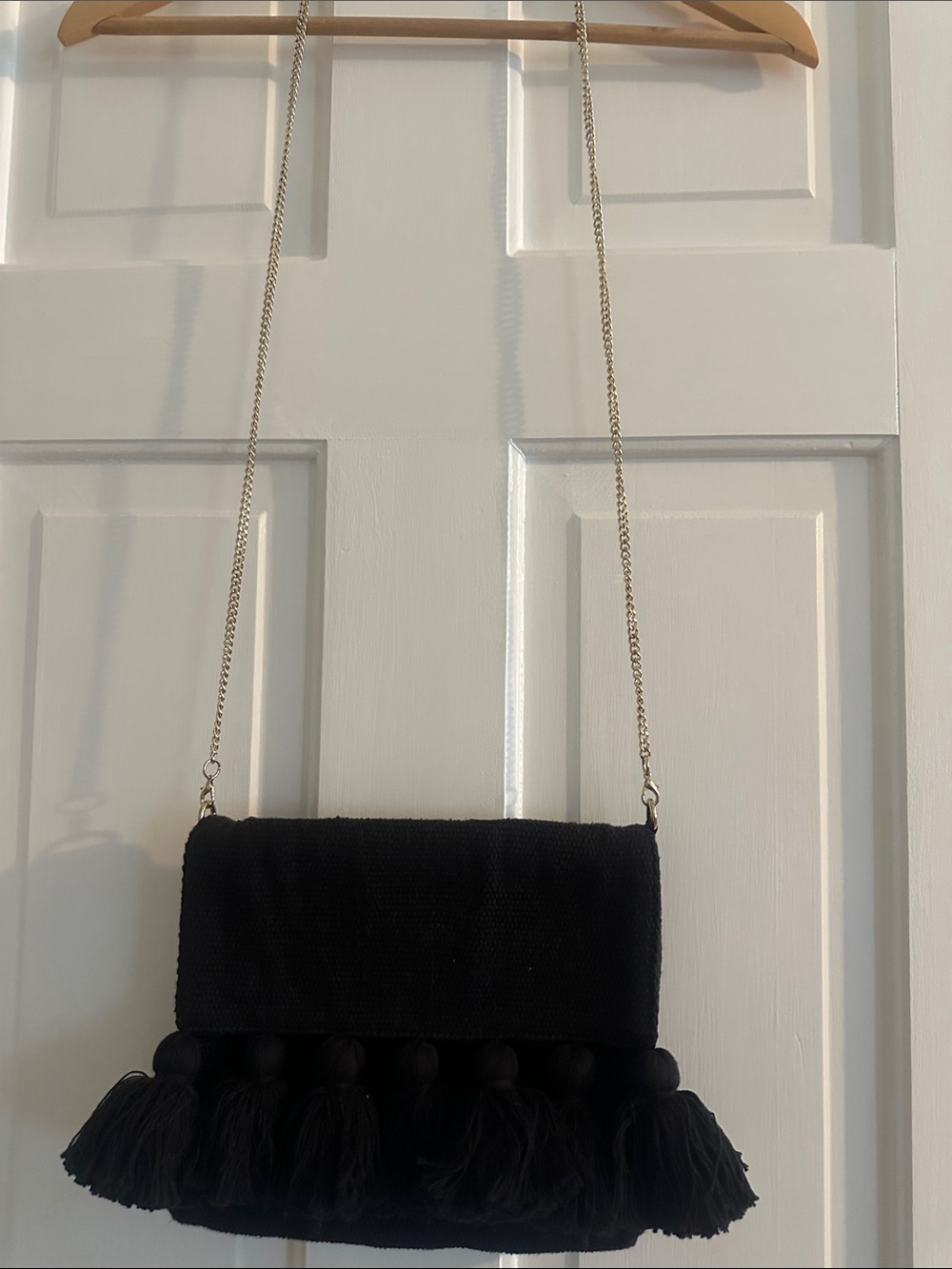 Chico's Black Tassel Fringe Crossbody with Chain Strap